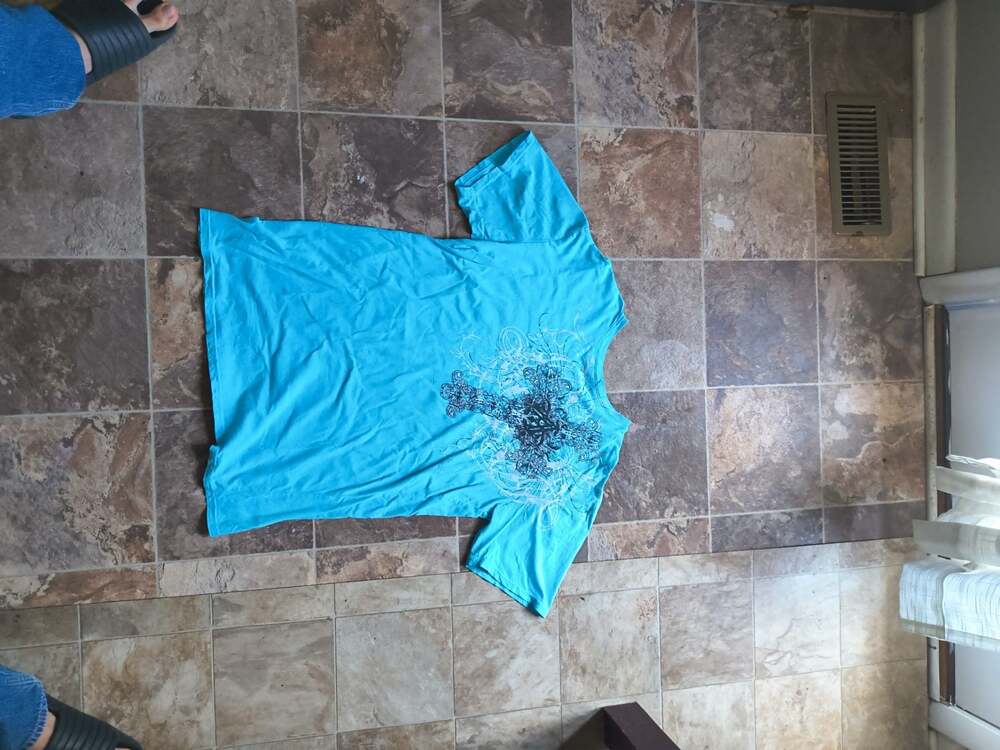 Archaic Y2K Graphic T-Shirt Large Blue Skull Cross Print